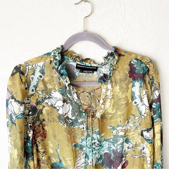 ANTHROPOLOGIE Hemant & Nandita Keysyone Blouse in Green Floral 100% Silk M - Picture 3 of 9